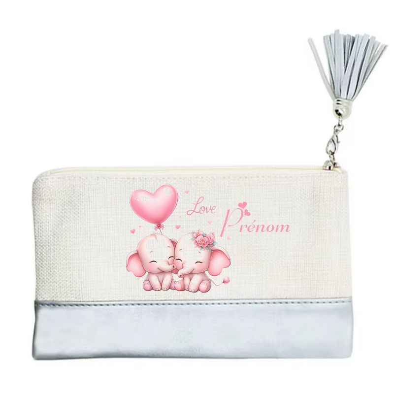 Pochette personnalisée motif elephant love en toile et simili cuir personnalisée