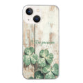 Coque taperso pour Iphone 14 et PRO PLUS PRO MAX avec motif bois et trefle personnalisee protection antichoc personnalisée