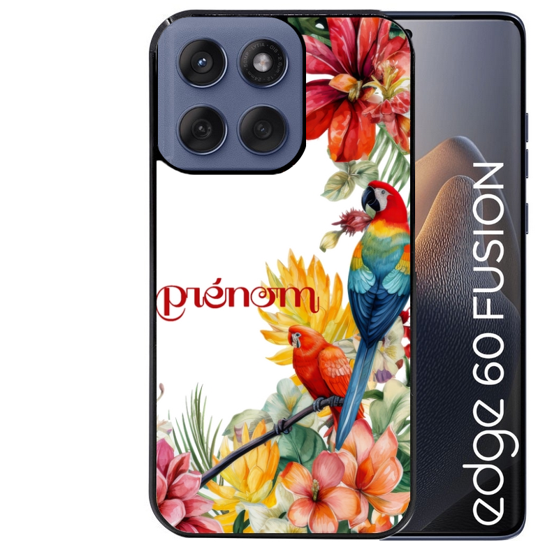Coque noire taperso pour Moto Edge 60 et Neo Fusion Pro avec motif perroquet personnalisee protection antichoc personnalisée