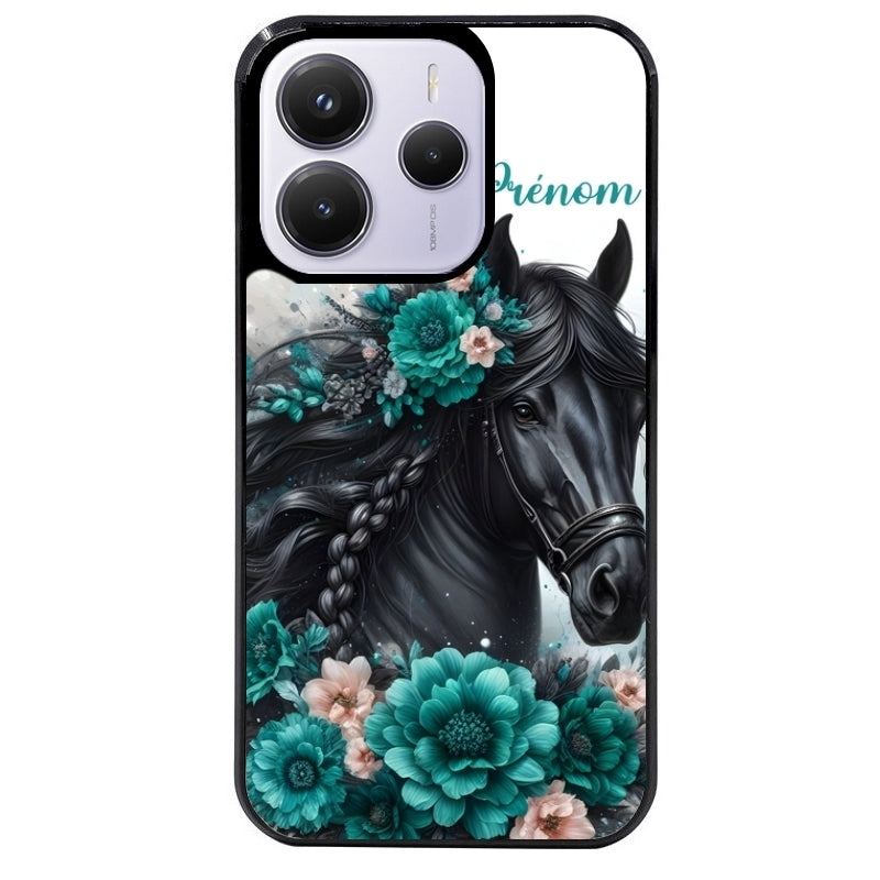 Coque noire taperso pour Redmi Note 14 et PRO PLUS 4G 5G avec motif cheval et fleurs personnalisee protection antichoc personnalisée