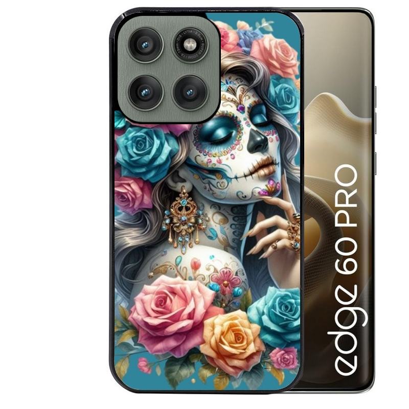 Coque noire taperso pour Moto Edge 60 et Neo Fusion Pro avec motif tete de mort calavera bleu protection antichoc personnalisée