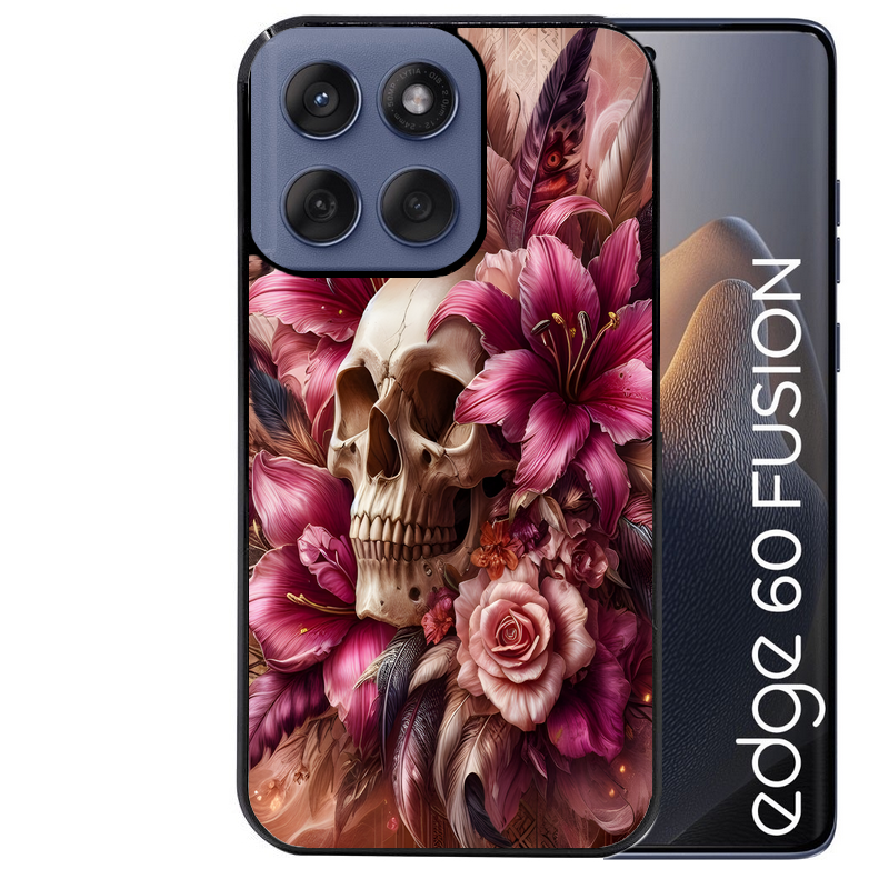Coque noire taperso pour Moto Edge 60 et Neo Fusion Pro avec motif tete de mort skull plume protection antichoc personnalisée