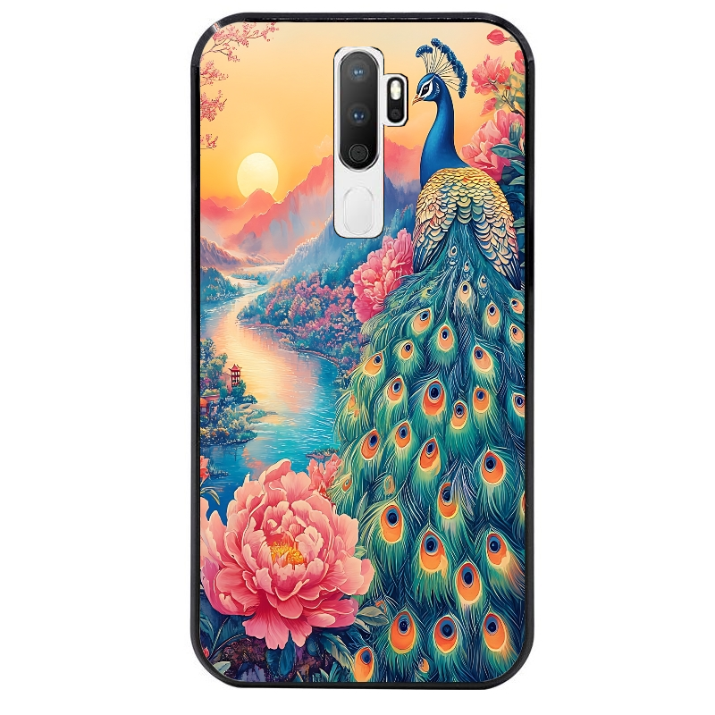 Coque noire taperso pour OPPO A5 A9 2020 avec motif paon japan protection antichoc personnalisée