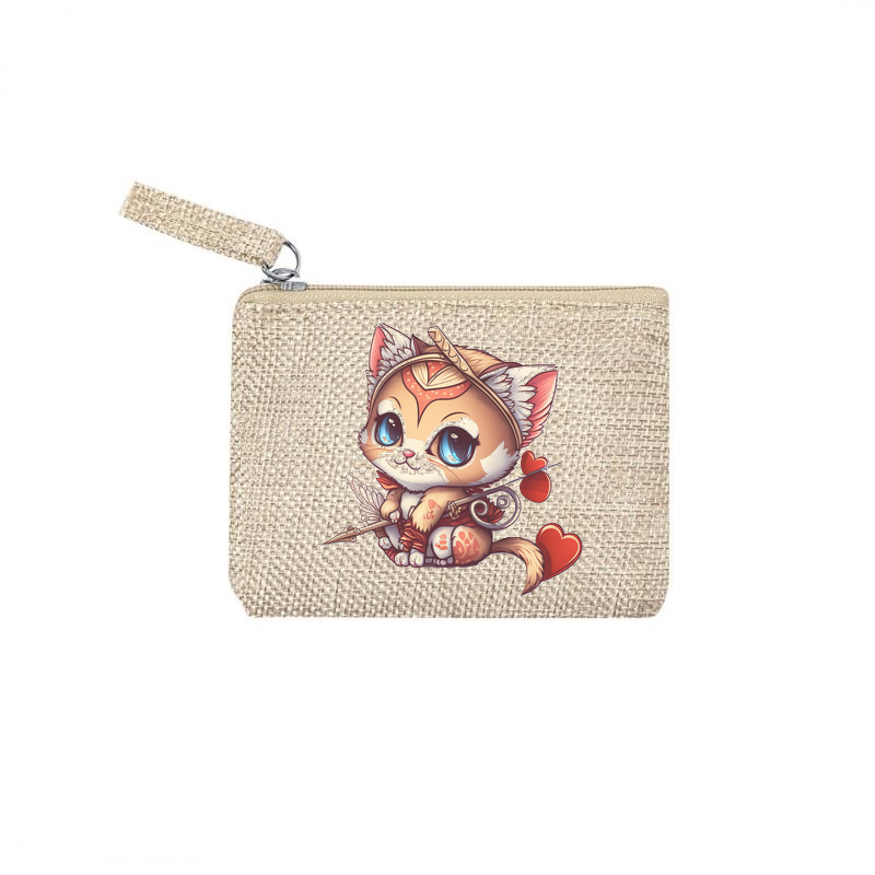 Pochette personnalisée motif chat cupidon en toile et simili cuir personnalisée