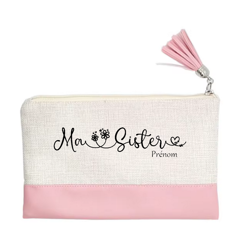 Pochette personnalisée motif soeur sister en toile et simili cuir personnalisée