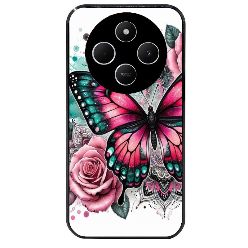 Coque noire taperso pour POCO C75 avec motif papillon rose protection antichoc personnalisée