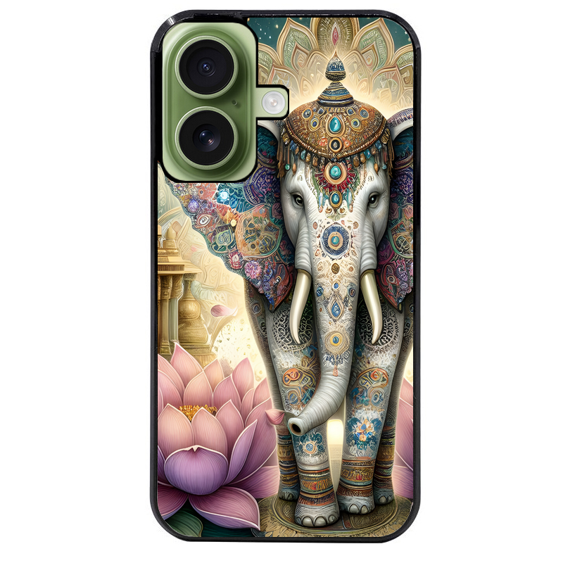 Coque noire taperso pour Iphone 16 16E PLUS MAX PRO avec motif elephant et lotus protection antichoc personnalisée