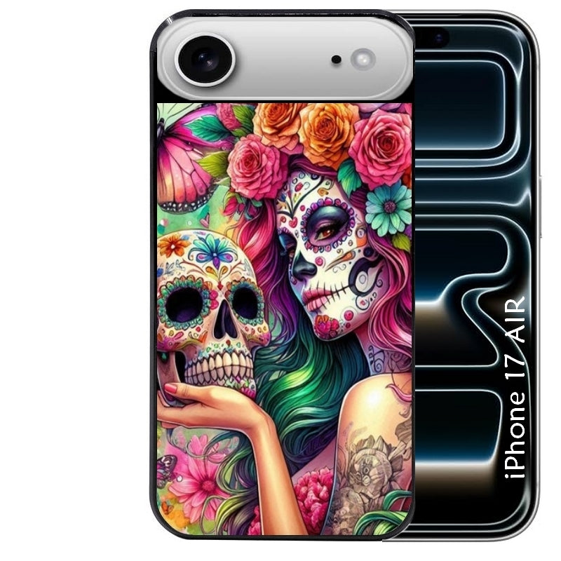 Coque noire taperso pour Iphone 17 17E AIR MAX PRO avec motif tete de mort calavera skull protection antichoc personnalisée