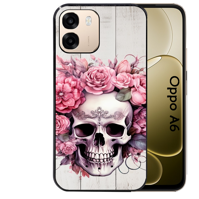 Coque noire taperso pour OPPO A6 A6X 4G et 5G avec motif tete de mort floral protection antichoc personnalisée