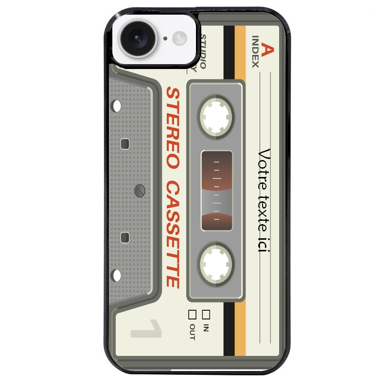 Coque noire taperso pour Iphone 16 16E PLUS MAX PRO avec motif cassette grise personnalisable protection antichoc personnalisée