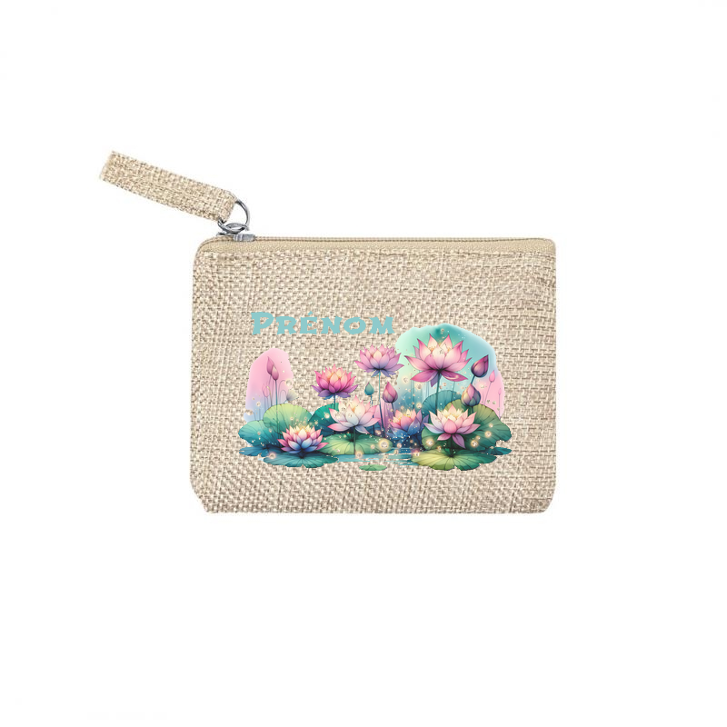 Pochette personnalisée motif fleur lotus en toile et simili cuir personnalisée