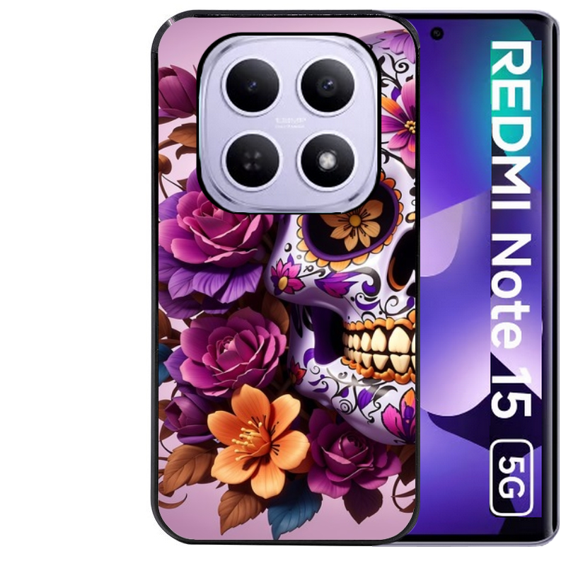 Coque noire taperso pour Redmi Note 15 et PRO PLUS 4G 5G avec motif tete de mort calavera violette protection antichoc personnalisée