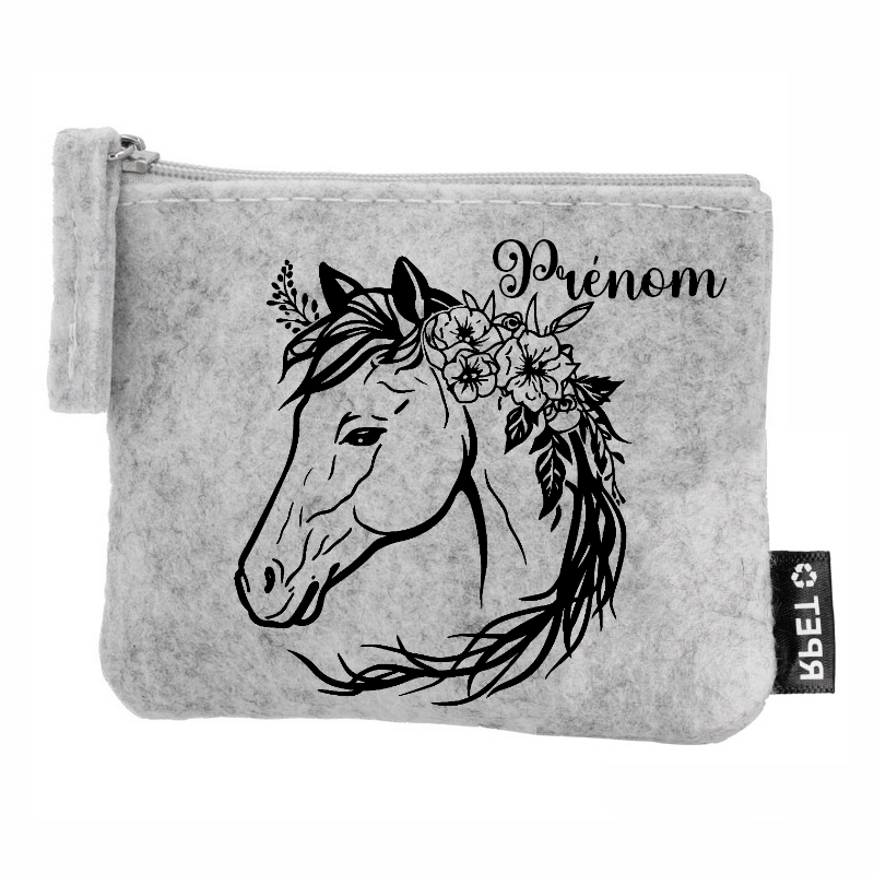Porte monnaie personnalisé cheval fleurs en feutrine en feutrine