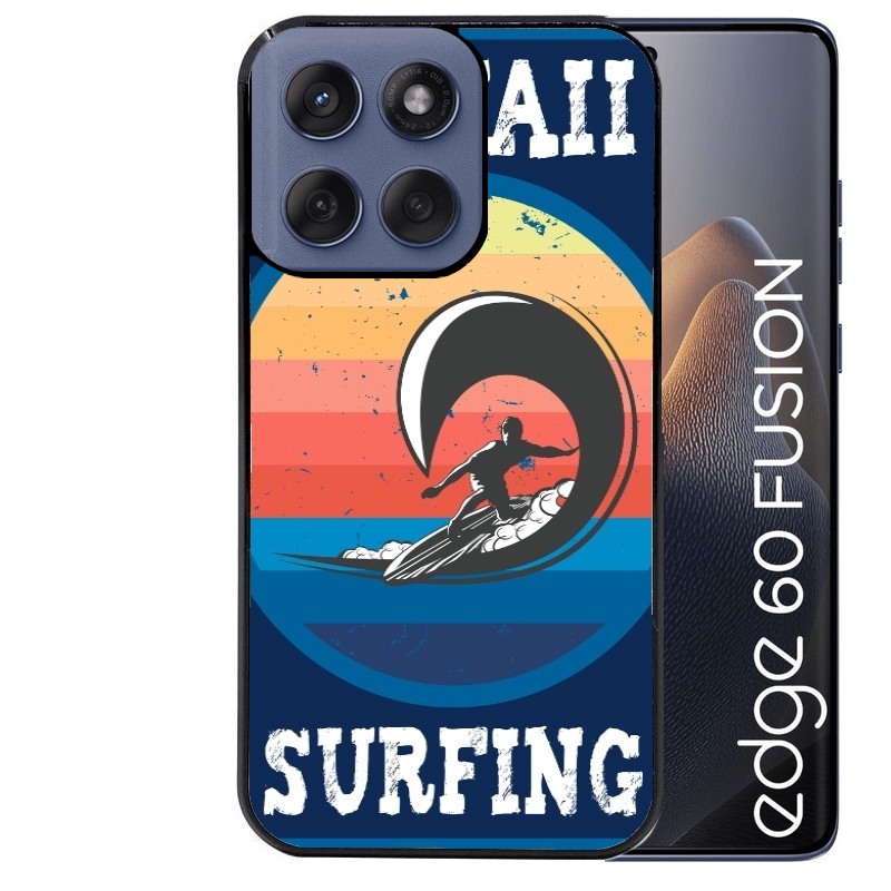 Coque noire taperso pour Moto Edge 60 et Neo Fusion Pro avec motif hawaii et surf protection antichoc personnalisée