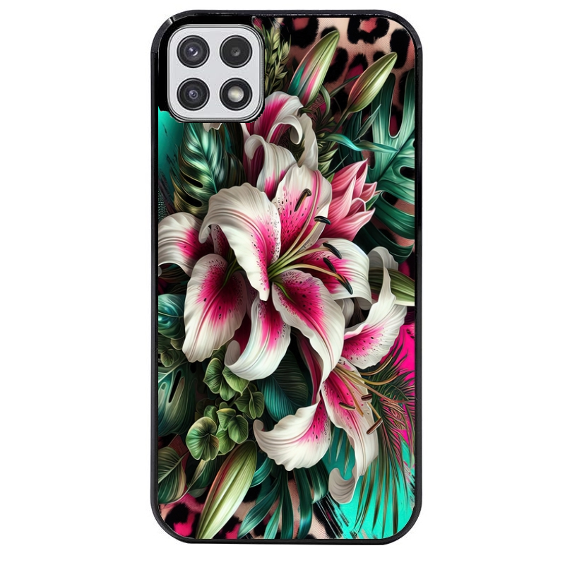 Coque noire taperso pour galaxy A22 A32 A52 A52S 4G 5G  avec motif leopard hibiscus protection antichoc personnalisée