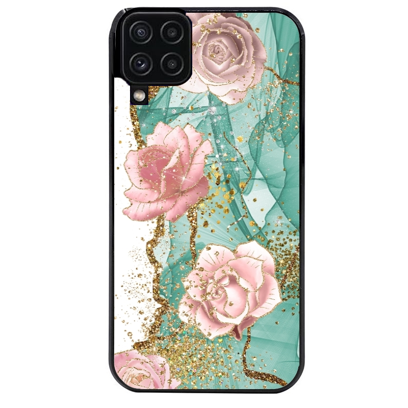 Coque noire taperso pour galaxy A22 A32 A52 A52S 4G 5G  avec motif marbre fleur turquoise protection antichoc personnalisée