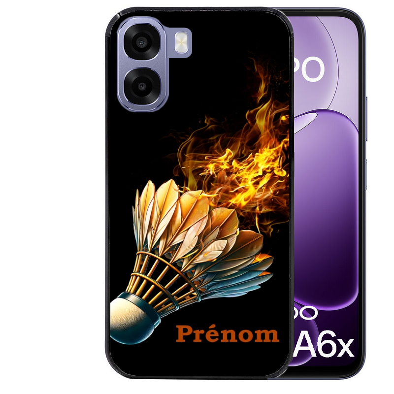 Coque noire taperso pour OPPO A6 A6X 4G et 5G avec motif badminton flamme personnalise protection antichoc personnalisée