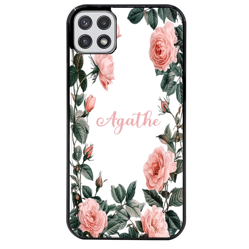 Coque noire taperso pour galaxy A22 A32 A52 A52S 4G 5G  avec motif cadre fleur pastel personnalisee protection antichoc personnalisée