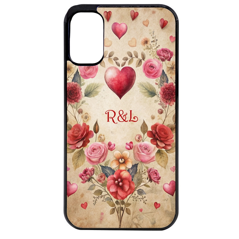 Coque noire taperso pour Moto E13 E14 E15 avec motif coeur vintage et initiales personnalisee protection antichoc personnalisée
