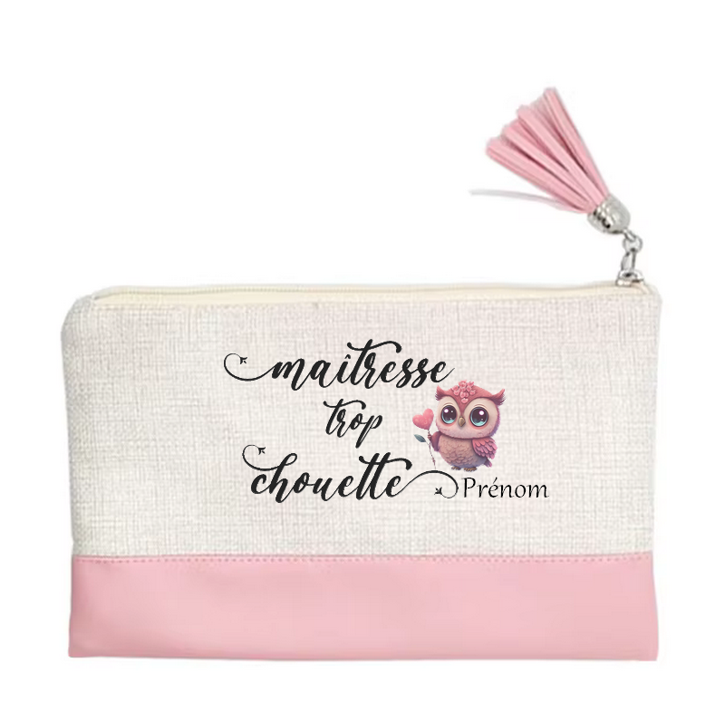 Pochette personnalisée motif maitresse chouette en toile et simili cuir personnalisée