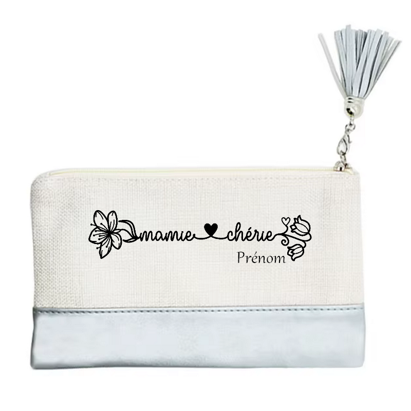 Pochette personnalisée motif mamie cherie en toile et simili cuir personnalisée