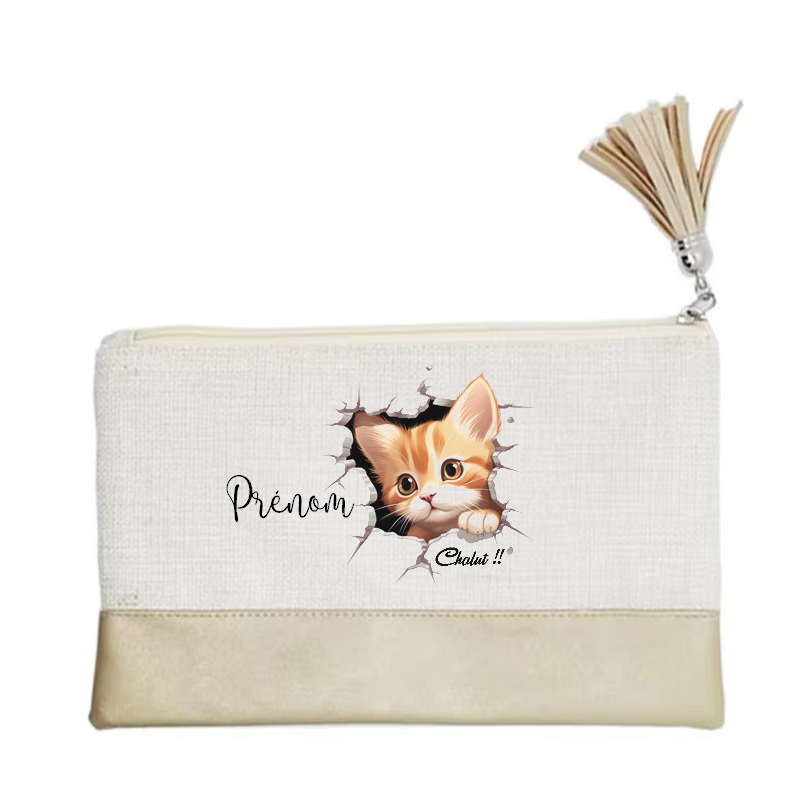 Pochette personnalisée motif chat chalut en toile et simili cuir personnalisée