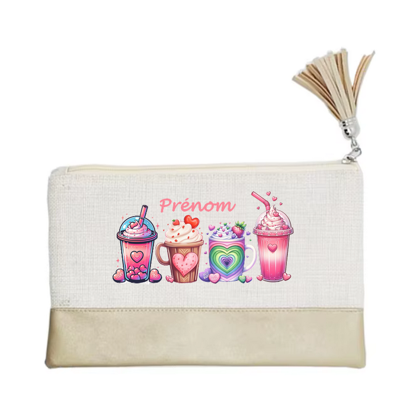 Pochette personnalisée motif bubble tea love en toile et simili cuir personnalisée