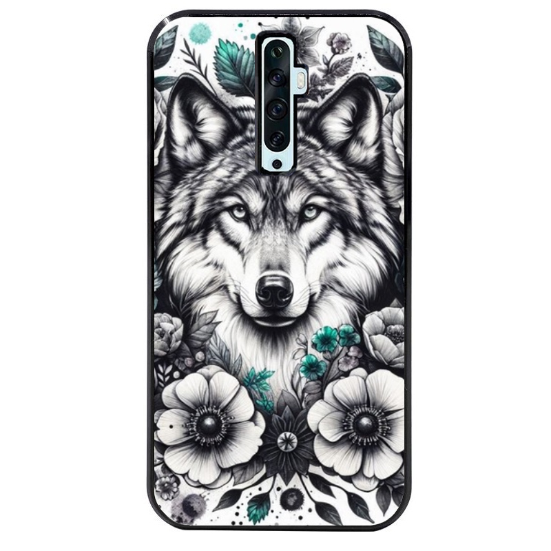 Coque noire taperso pour OPPO Reno 2 et 2Z avec motif loup et fleur protection antichoc personnalisée
