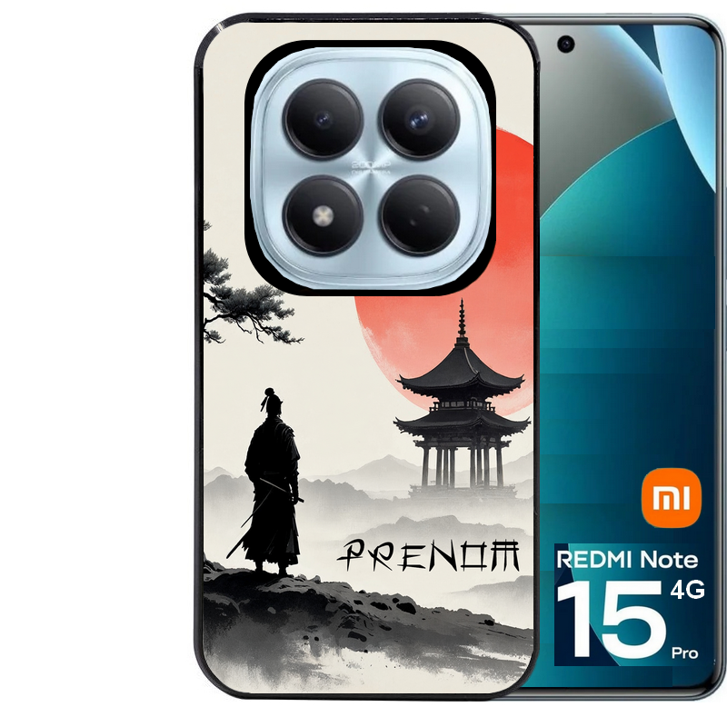 Coque noire taperso pour Redmi Note 15 et PRO PLUS 4G 5G avec motif samourai et temple personnalisee protection antichoc personnalisée