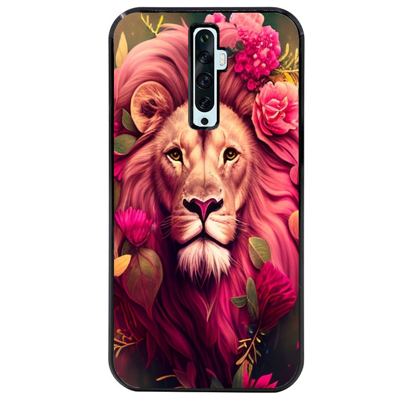 Coque noire taperso pour OPPO Reno 2 et 2Z avec motif lion et fleurs rose protection antichoc personnalisée