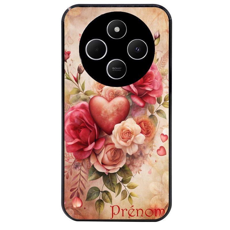 Coque noire taperso pour POCO C75 avec motif coeur et fleur personnalisee protection antichoc personnalisée