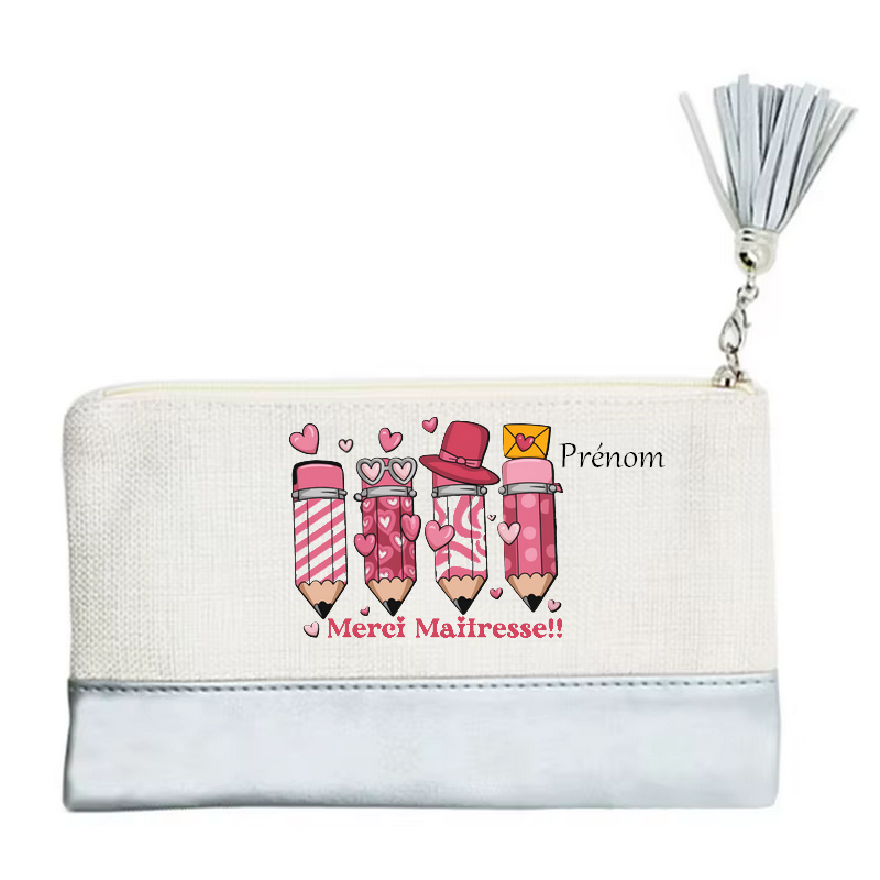 Pochette personnalisée motif maitresse merci cœur en toile et simili cuir personnalisée