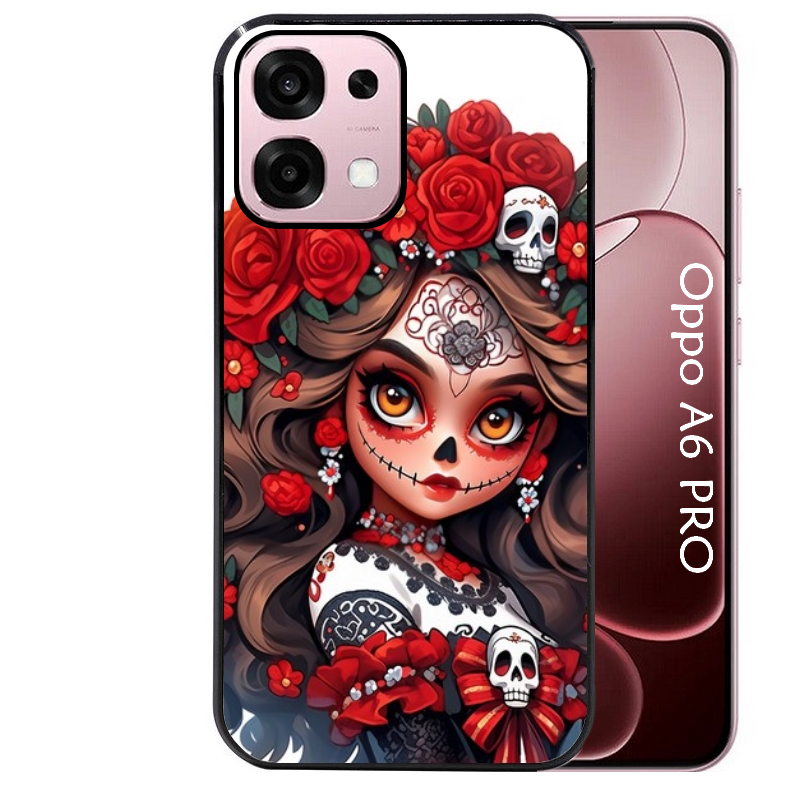 Coque noire taperso pour OPPO A6 PRO 4G et 5G avec motif tete de mort calavera rouge protection antichoc personnalisée