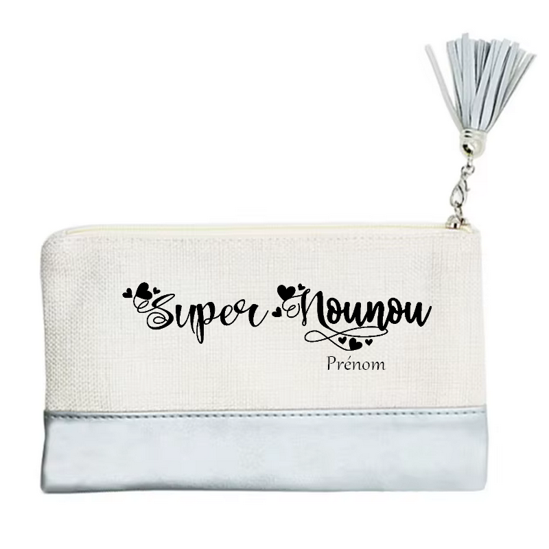 Pochette personnalisée motif nounou super en toile et simili cuir personnalisée