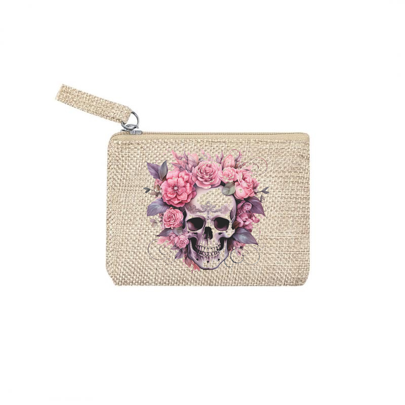 Pochette personnalisée motif tete de mort fleur en toile et simili cuir personnalisée