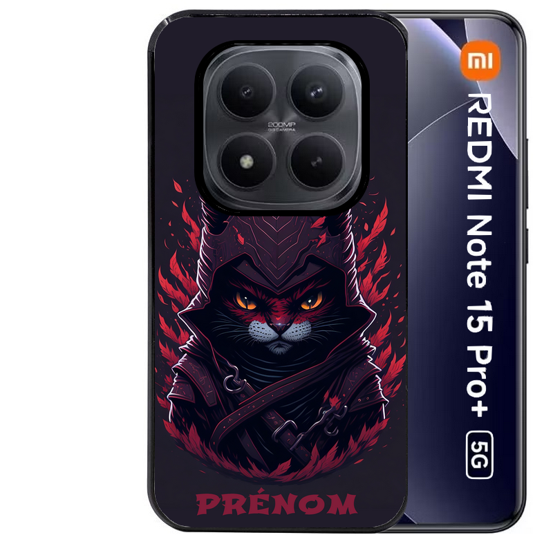 Coque noire taperso pour Redmi Note 15 et PRO PLUS 4G 5G avec motif chat samourai personnalise protection antichoc personnalisée