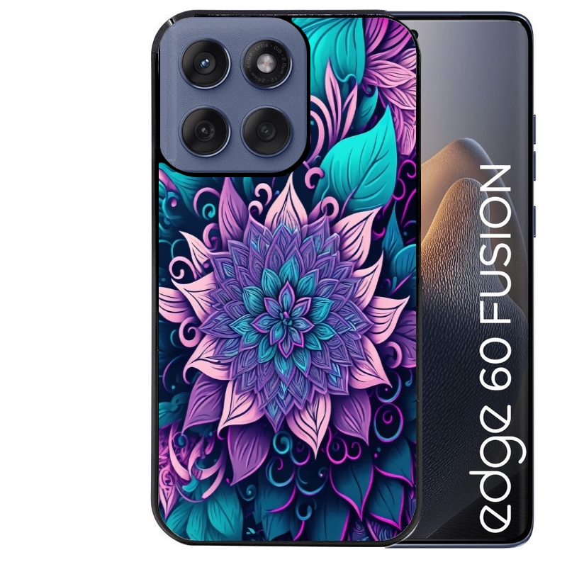 Coque noire taperso pour Moto Edge 60 et Neo Fusion Pro avec motif tropical mandala et fleur violet protection antichoc personnalisée