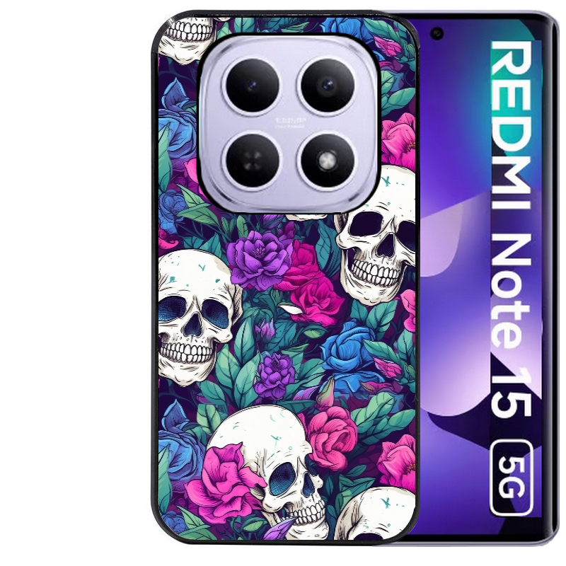 Coque noire taperso pour Redmi Note 15 et PRO PLUS 4G 5G avec motif tete de mort violet protection antichoc personnalisée
