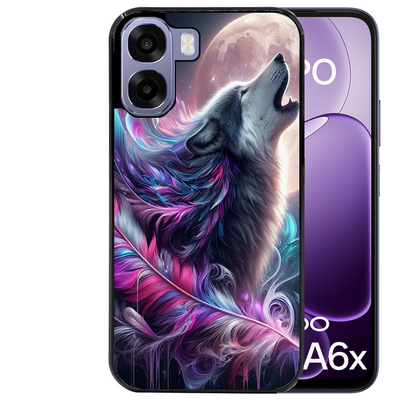Coque noire taperso pour OPPO A6 A6X 4G et 5G avec motif loup et plume protection antichoc personnalisée