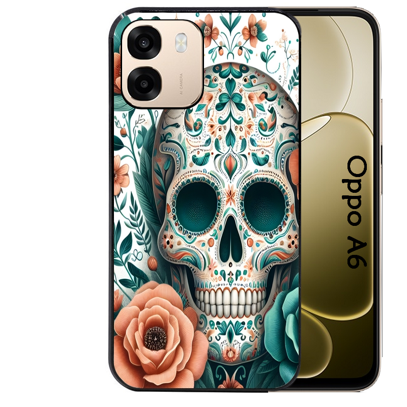 Coque noire taperso pour OPPO A6 A6X 4G et 5G avec motif mort mexicaine turquoise protection antichoc personnalisée