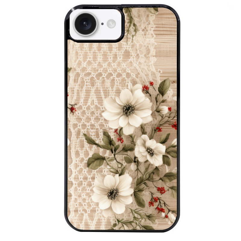 Coque noire taperso pour Iphone 17 17E AIR MAX PRO avec motif bois et dentelle 2 protection antichoc personnalisée