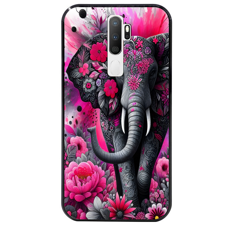 Coque noire taperso pour OPPO A5 A9 2020 avec motif elephant et fleurs protection antichoc personnalisée