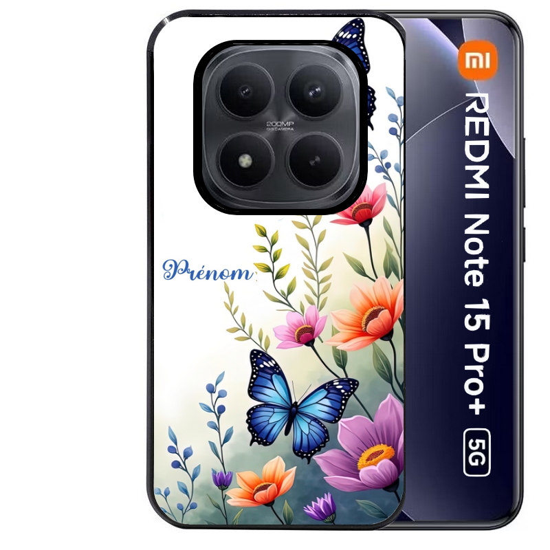 Coque noire taperso pour Redmi Note 15 et PRO PLUS 4G 5G avec motif papillon prenom personnalisee protection antichoc personnalisée