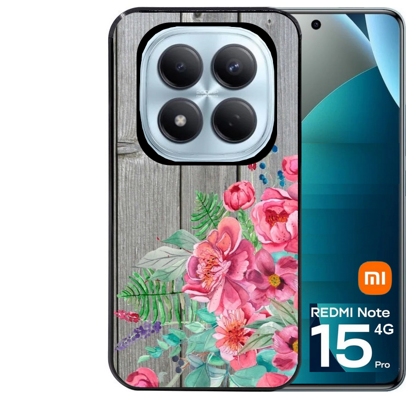 Coque noire taperso pour Redmi Note 15 et PRO PLUS 4G 5G avec motif bois gris et fleur rose protection antichoc personnalisée