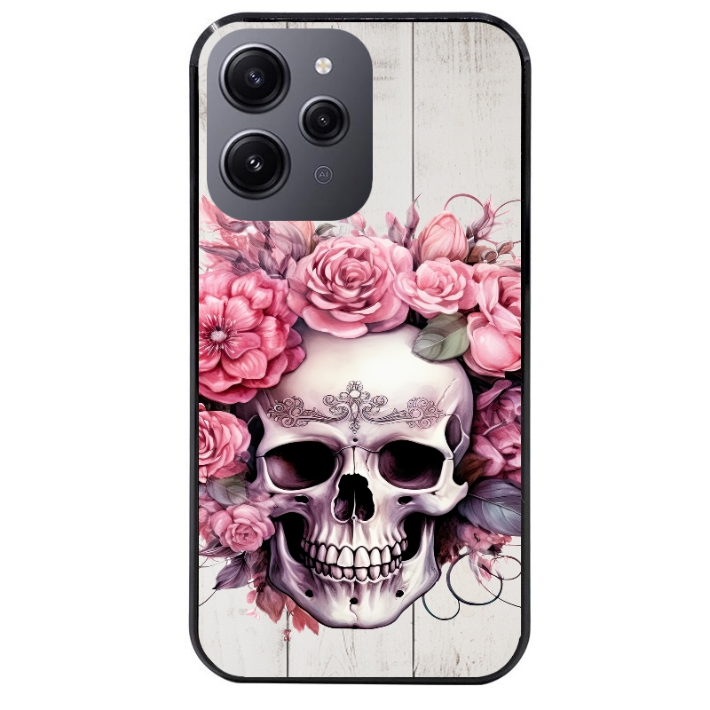Coque noire taperso pour Redmi 12 4G et 5G avec motif tete de mort floral protection antichoc personnalisée