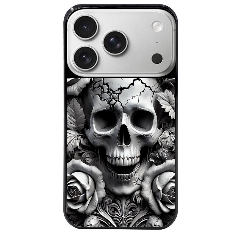 Coque noire taperso pour Iphone 17 17E AIR MAX PRO avec motif tete de mort fleur protection antichoc personnalisée