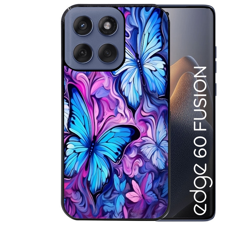 Coque noire taperso pour Moto Edge 60 et Neo Fusion Pro avec motif papillon violet uv protection antichoc personnalisée