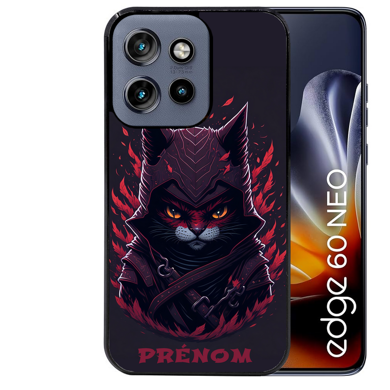 Coque noire taperso pour Moto Edge 60 et Neo Fusion Pro avec motif chat samourai personnalise protection antichoc personnalisée
