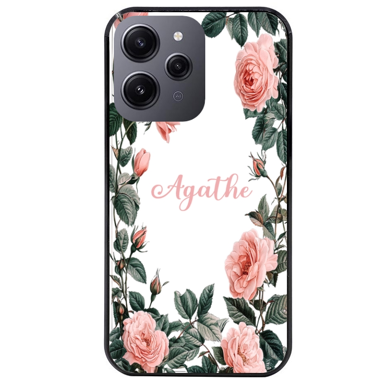 Coque noire taperso pour Redmi 12 4G et 5G avec motif cadre fleur pastel personnalisee protection antichoc personnalisée