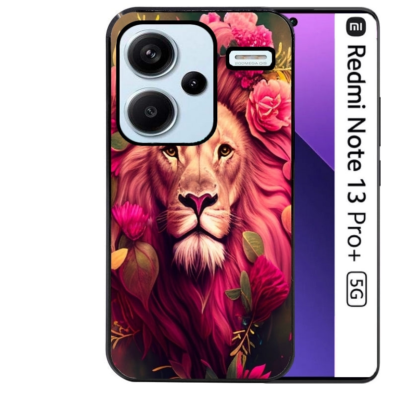 Coque noire taperso pour Redmi Note 13 PRO PLUS 5G avec motif lion et fleurs rose protection antichoc personnalisée